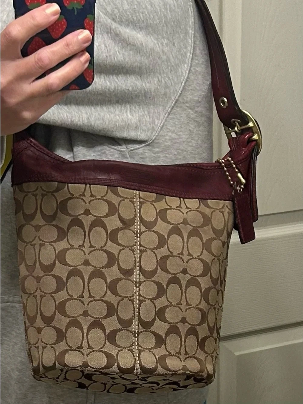 Coach Bleecker Beige Signature Canvas Bucket Bag with Burgundy Trim
